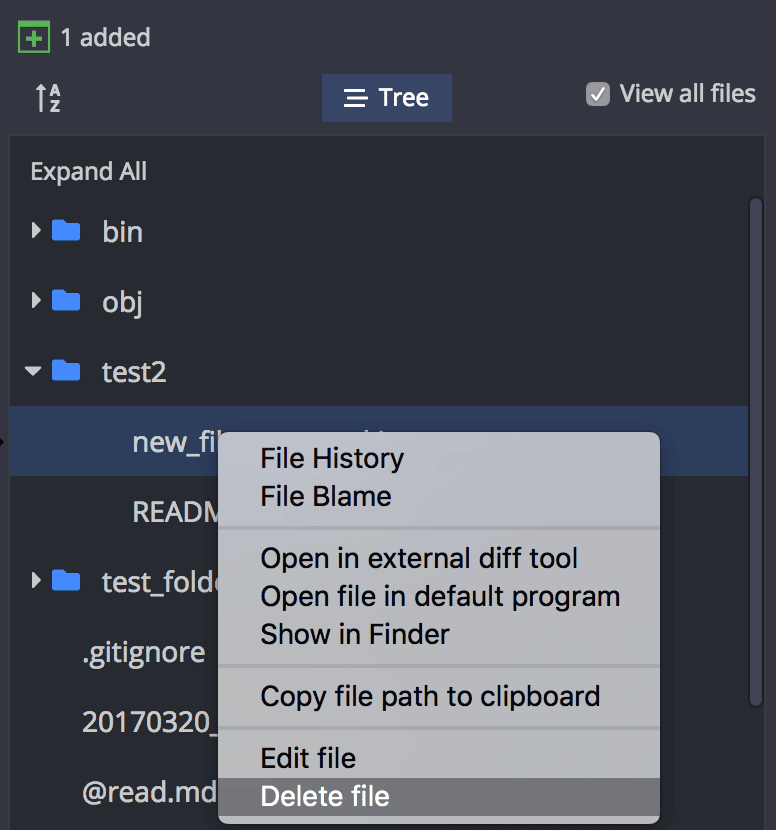 Right-click context menu with file deletion option after enabling 'View all files' in GitKraken Desktop.