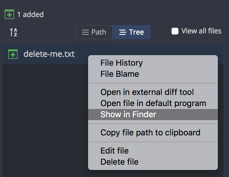 Context menu in GitKraken Desktop showing file actions, including the option to delete a file from the Commit Panel.