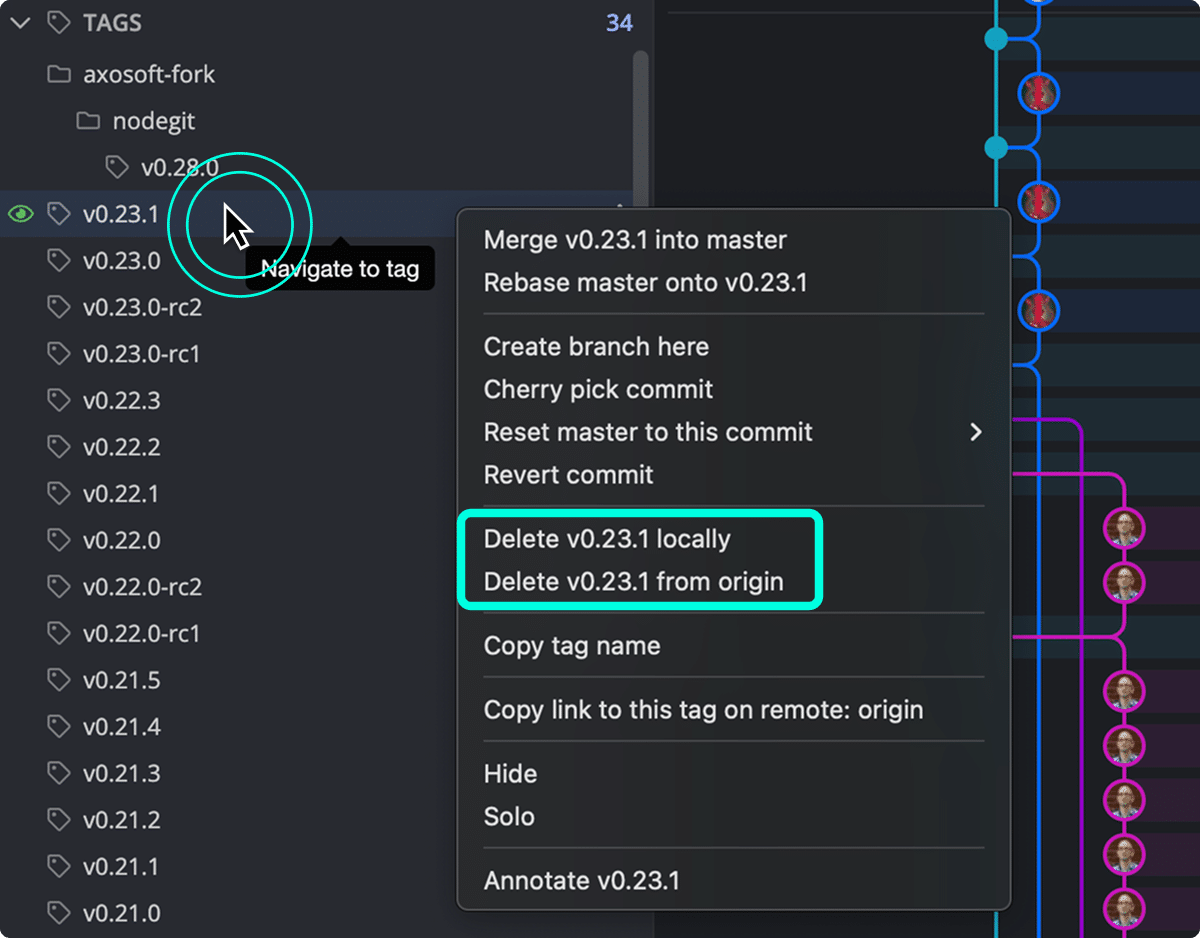 GitKraken Desktop context menu showing options to delete a Git tag locally or from the origin remote