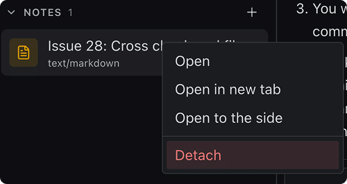 A resource's right-click context menu with Detach highlighted at the bottom