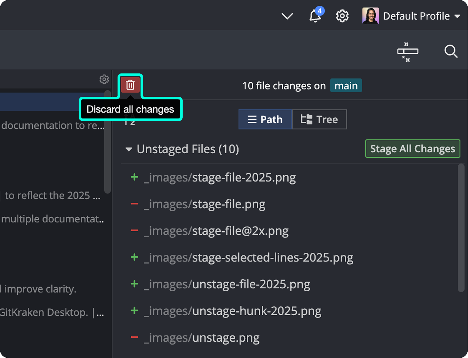 Discard all changes button highlighted above a list of unstaged files.