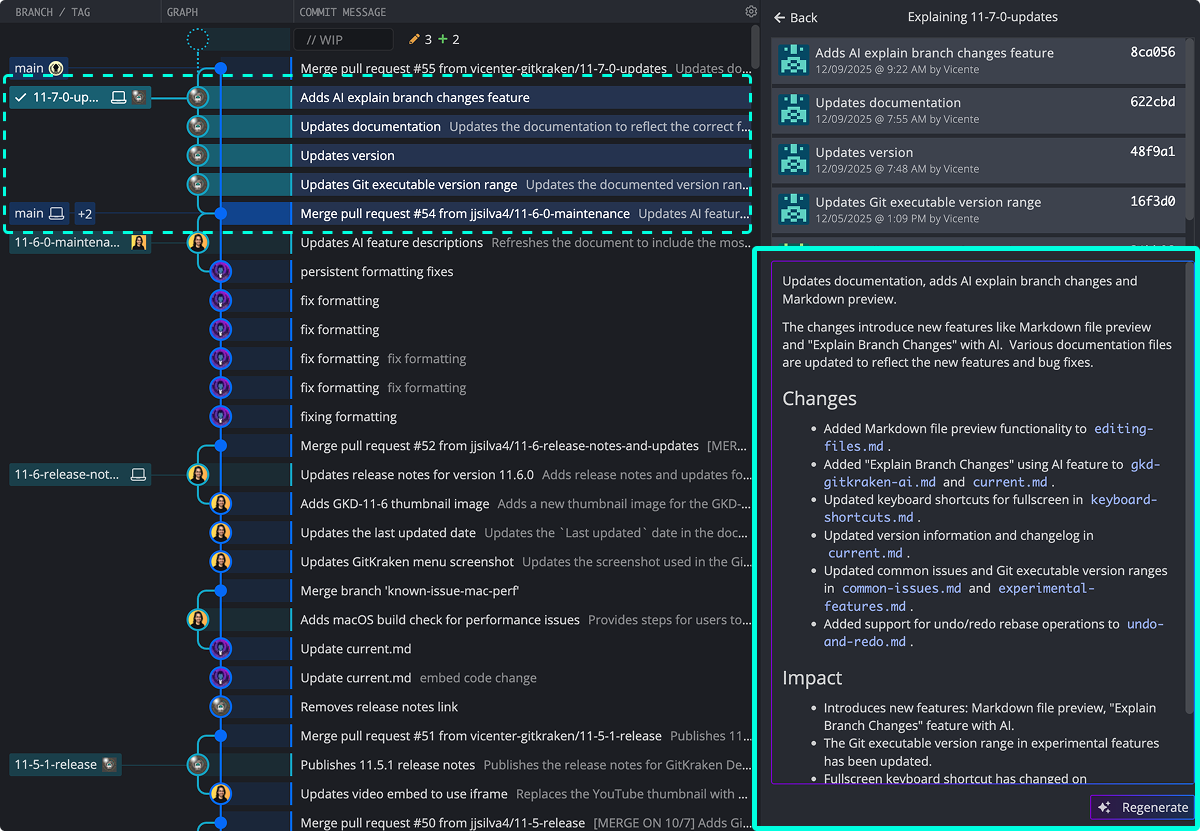 AI-generated explanation panel in GitKraken summarizing branch changes, grouped by commit with a detailed breakdown of updates and their impact.