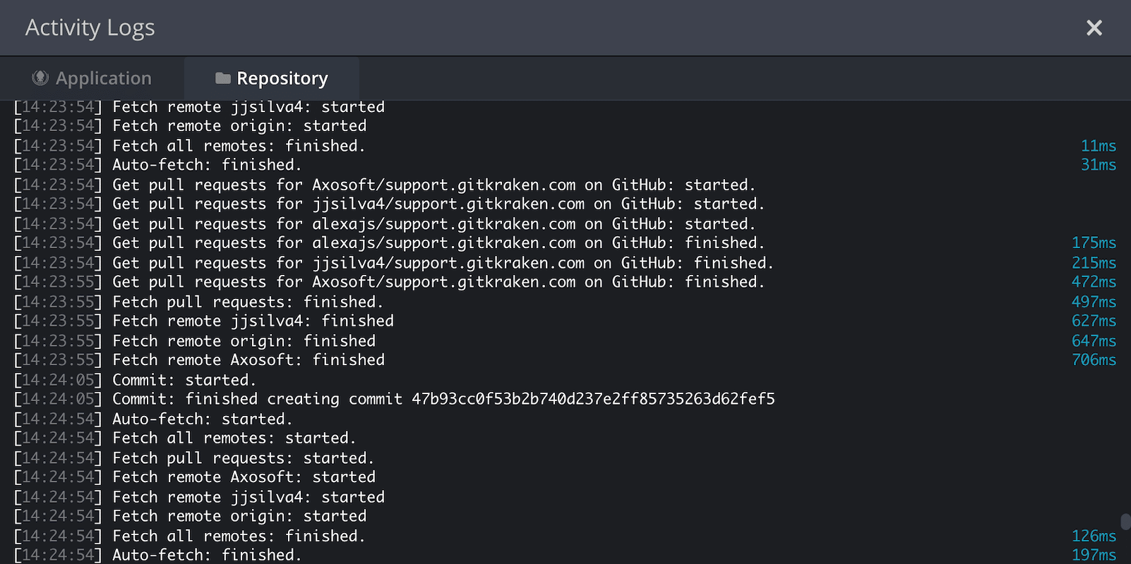 Repository Activity Logs displaying Git operations like fetch, pull request retrieval, commit creation, and auto-fetch with timestamps and durations