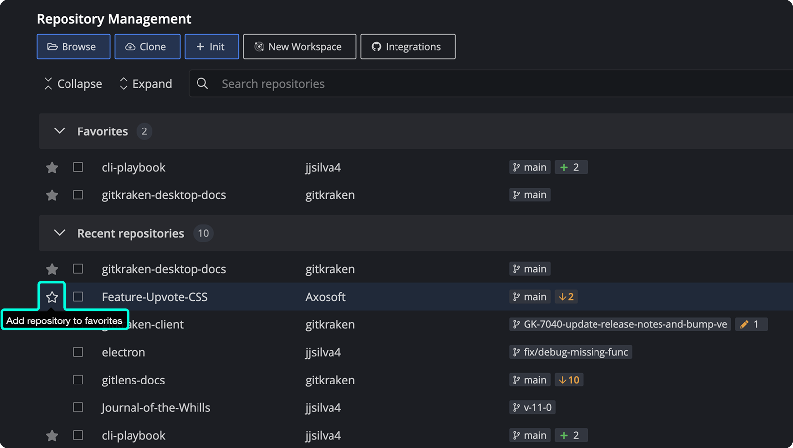 Repository Management view in GitKraken Desktop showing how to click the star icon to add a repository to Favorites