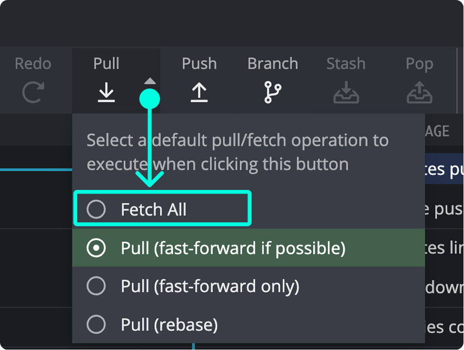 GitKraken Desktop pull dropdown menu showing fetch and pull options, with the fetch option highlighted.