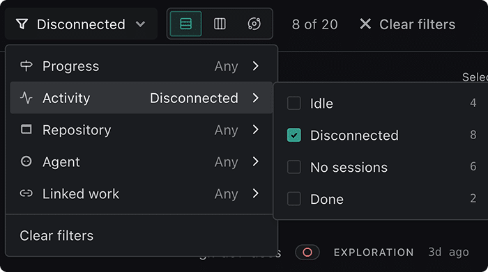 The Filter menu open, showing one flyout per facet