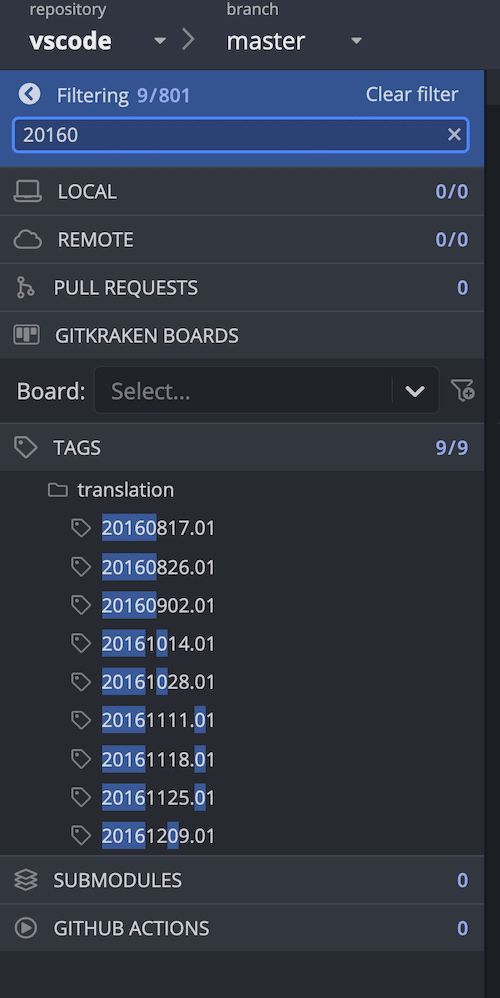 GitKraken Desktop interface showing filtered Git tags matching '20160' under the 'translation' category in the left panel