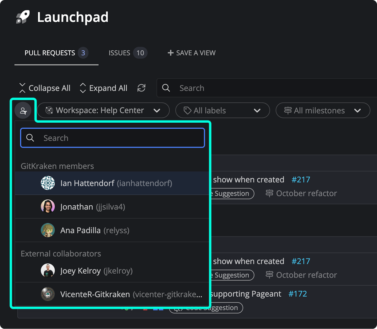 Launchpad filter menu showing GitKraken team members and external collaborators to narrow down pull request visibility.