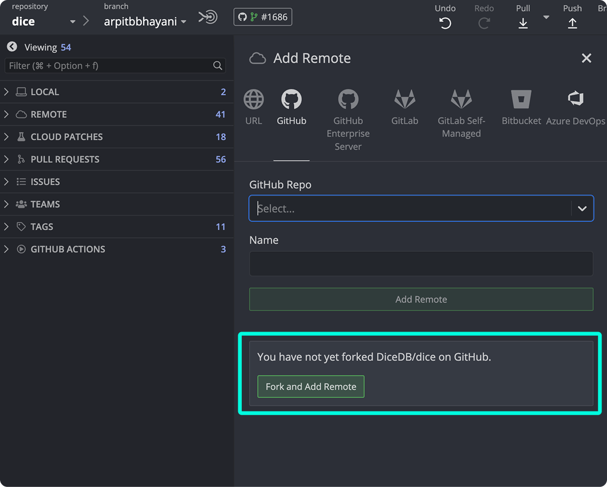 GitKraken Desktop UI showing an alert that the user has not yet forked the DiceDB/dice repository on GitHub, with a button to 'Fork and Add Remote'.