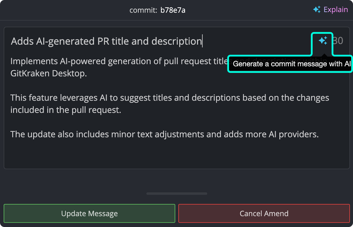 Commit panel showing AI-assisted generation of an amended commit message and description.