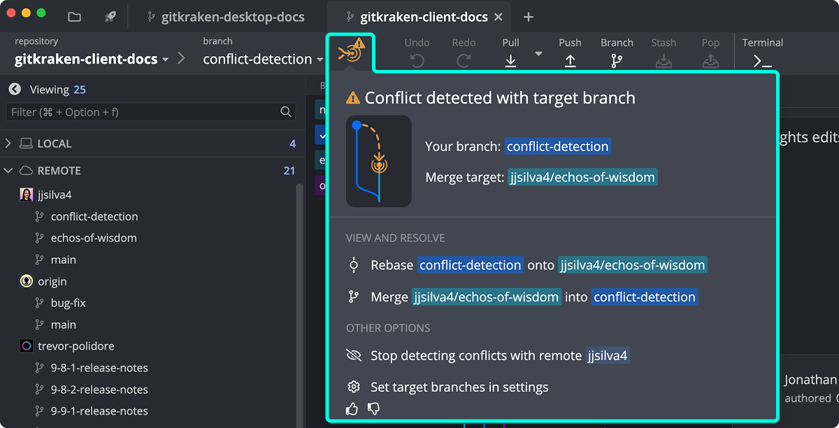 Conflict warning with target branch in GitKraken Desktop, showing rebase and merge options.