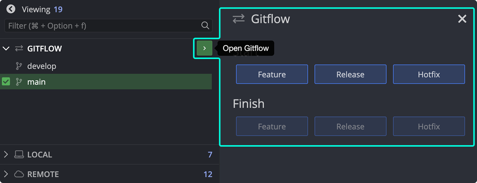 Gitflow panel in left sidebar