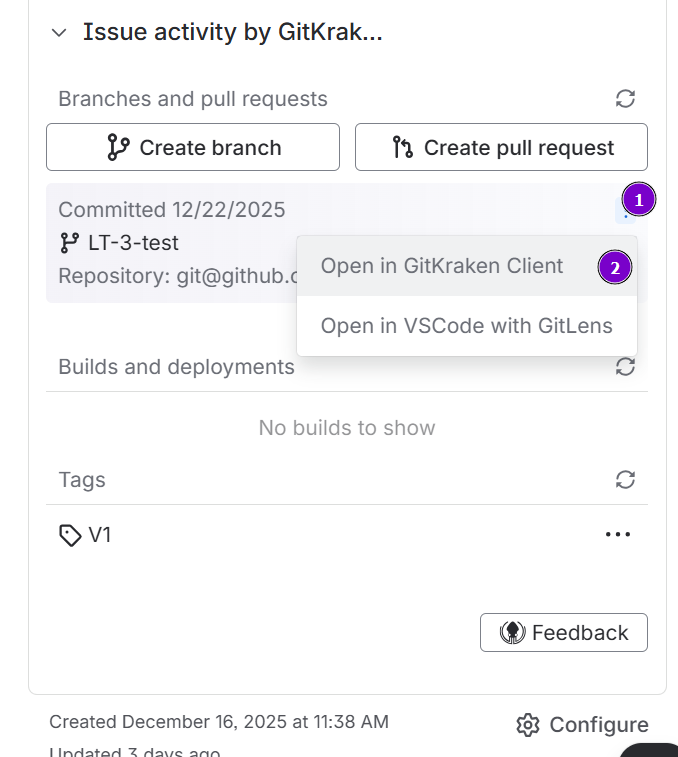 Shows the deeplink for GitKraken in the Branches list on the Jira issue Git development panel