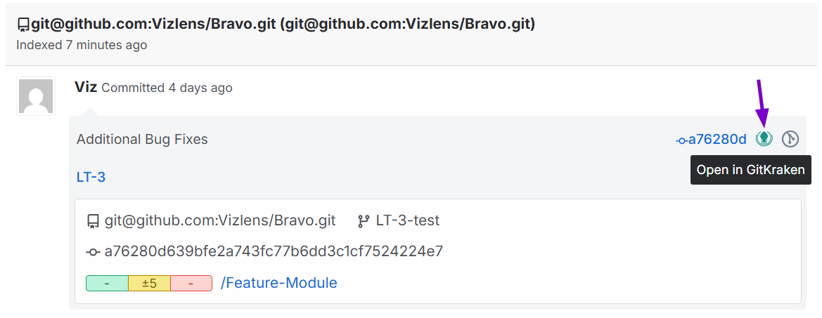 Shows the deeplink for GitKraken in the Commits panel in the Git Commits tab