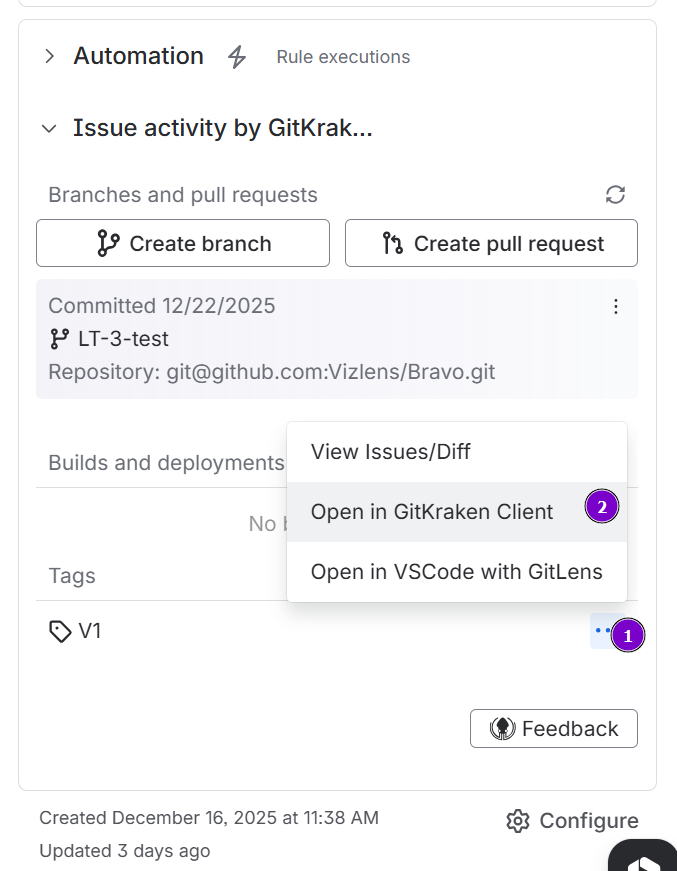 Shows the deeplink for GitKraken in the Tags list on the Jira issue Git development panel