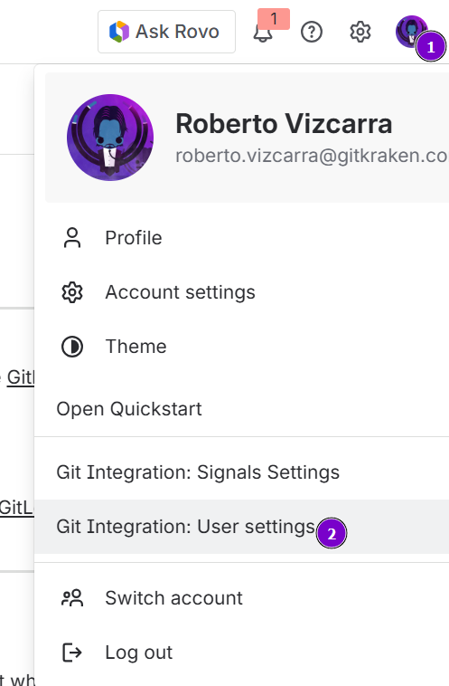 Access the GitKraken integration option to enable/disable the feature in the User settings (sidebar) of the Git Integration for Jira app