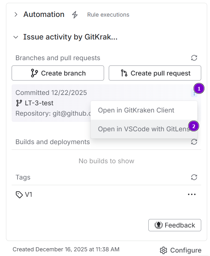Shows the deeplink for GitLens in the Branches list on the Jira issue Git development panel