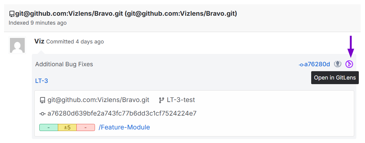 Shows the deeplink for GitLens in the Commits panel in the Git Commits tab