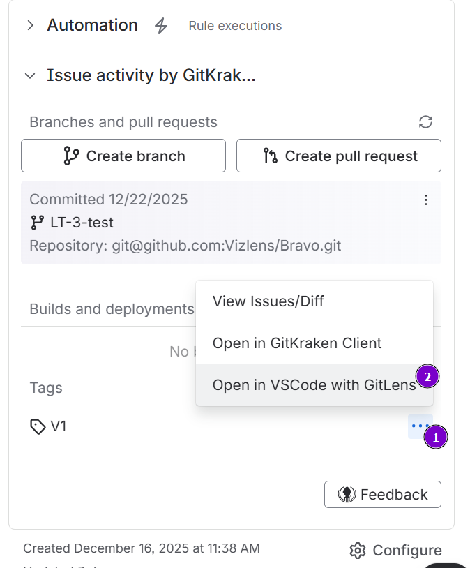 Shows the deeplink for GitLens in the Tags list on the Jira issue Git development panel