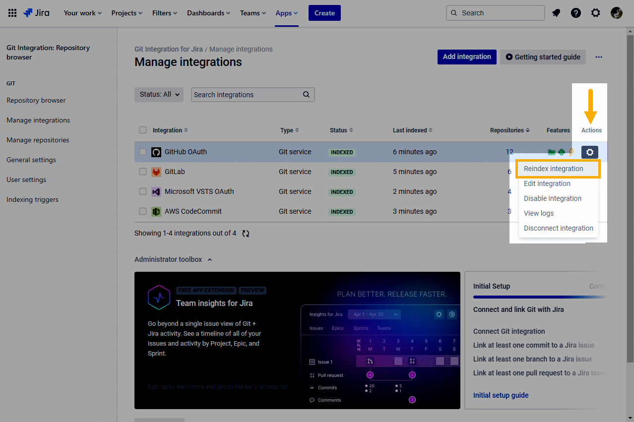 Git Cloud manage git repositories page highlighting Reindex integration action