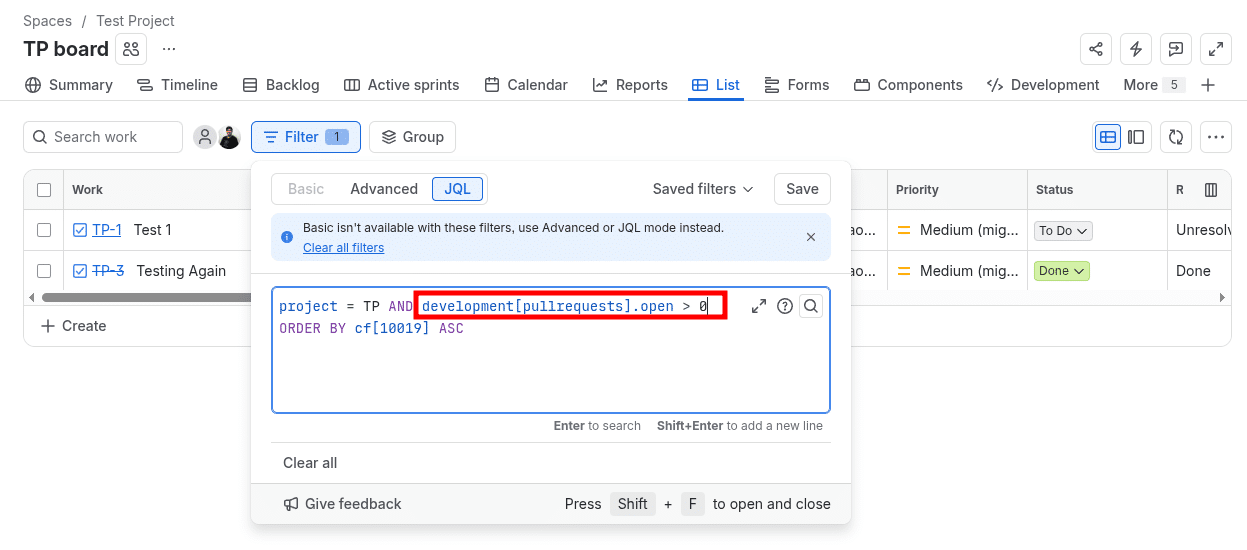 JQL to find issues with at least one pull request