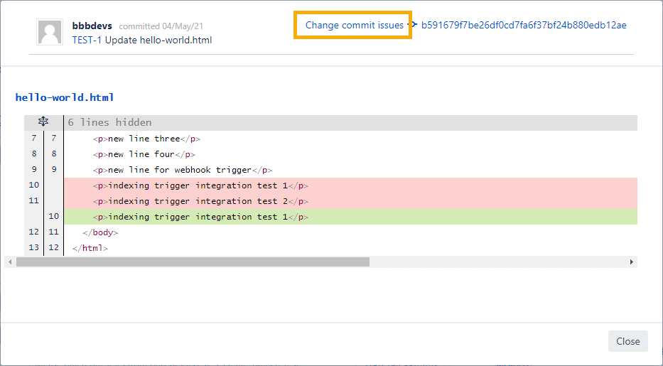View full commits dialog highlighting the change commit issues function