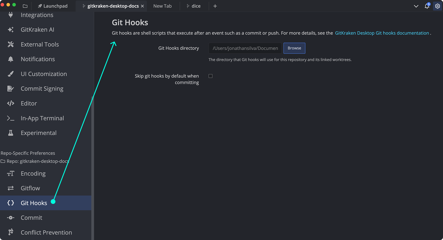GitKraken Desktop Preferences panel showing Git Hooks settings and custom directory option