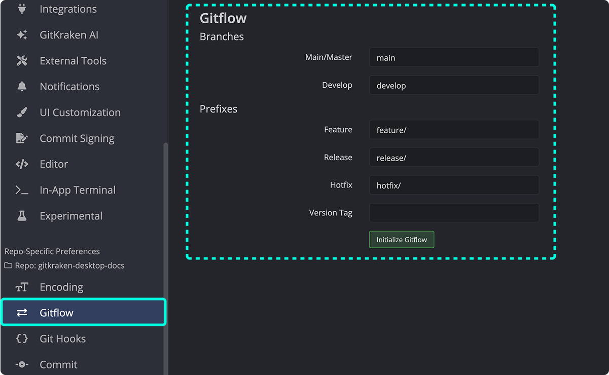 Gitflow Preferences menu with default branch names