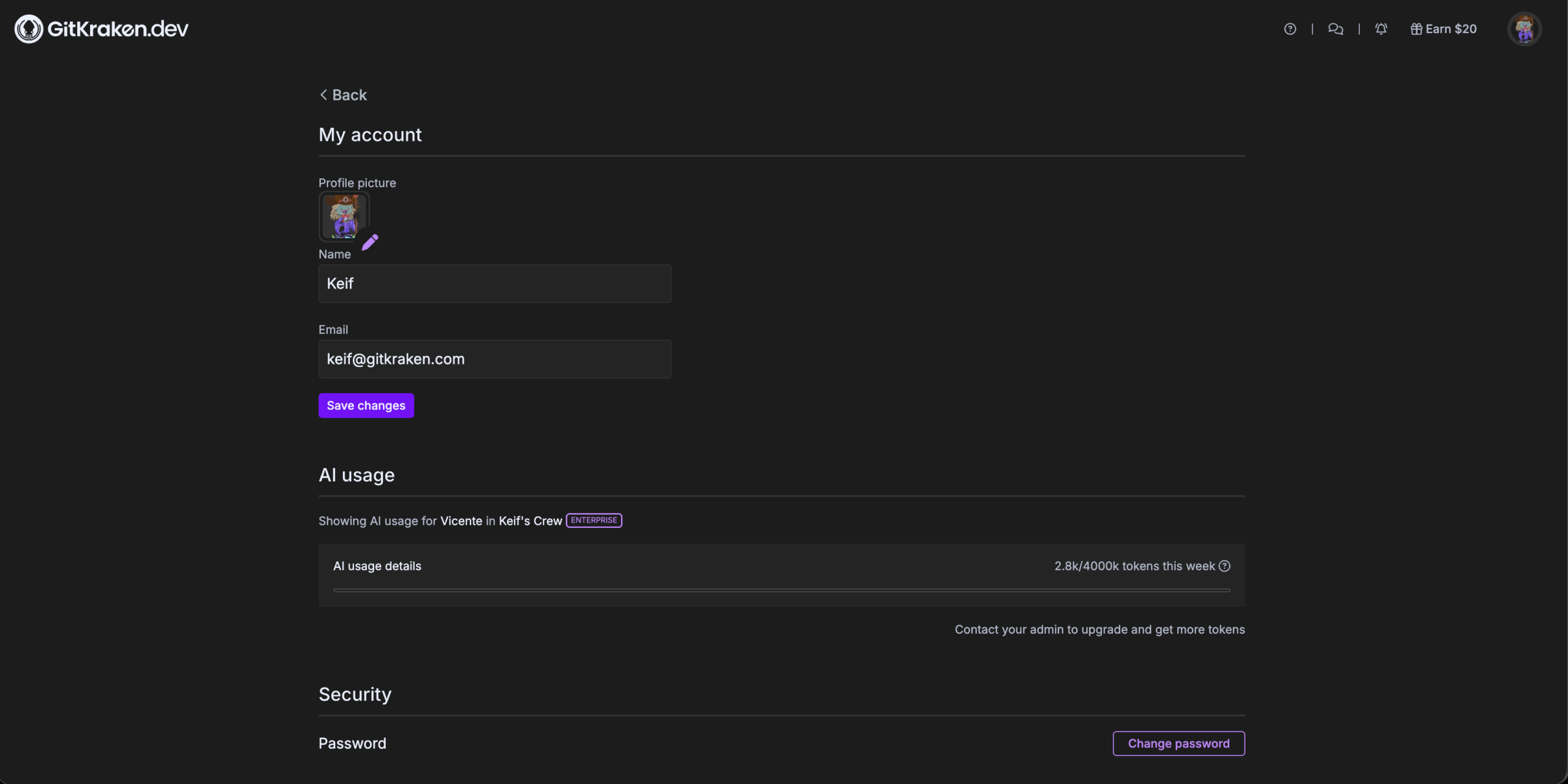 GitKraken account profile settings