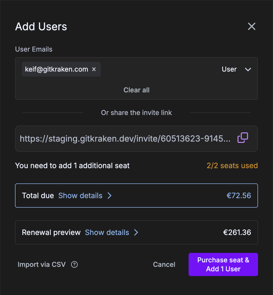 Modal showing additional license purchase required