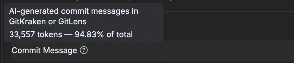 Tooltip on the Commit Message row showing the action description and token count