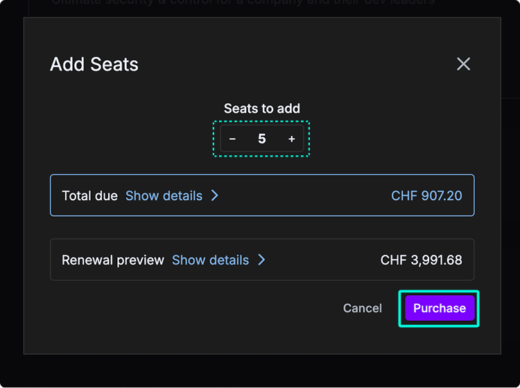 Modal window for selecting license quantity and price preview