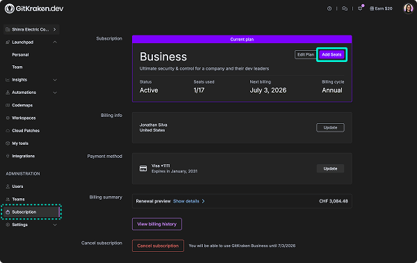 Subscription page with Add Seats button highlighted