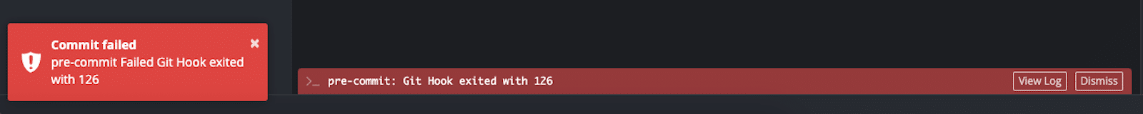 Error notification in GitKraken Desktop indicating a pre-commit Git hook failed with exit code 126