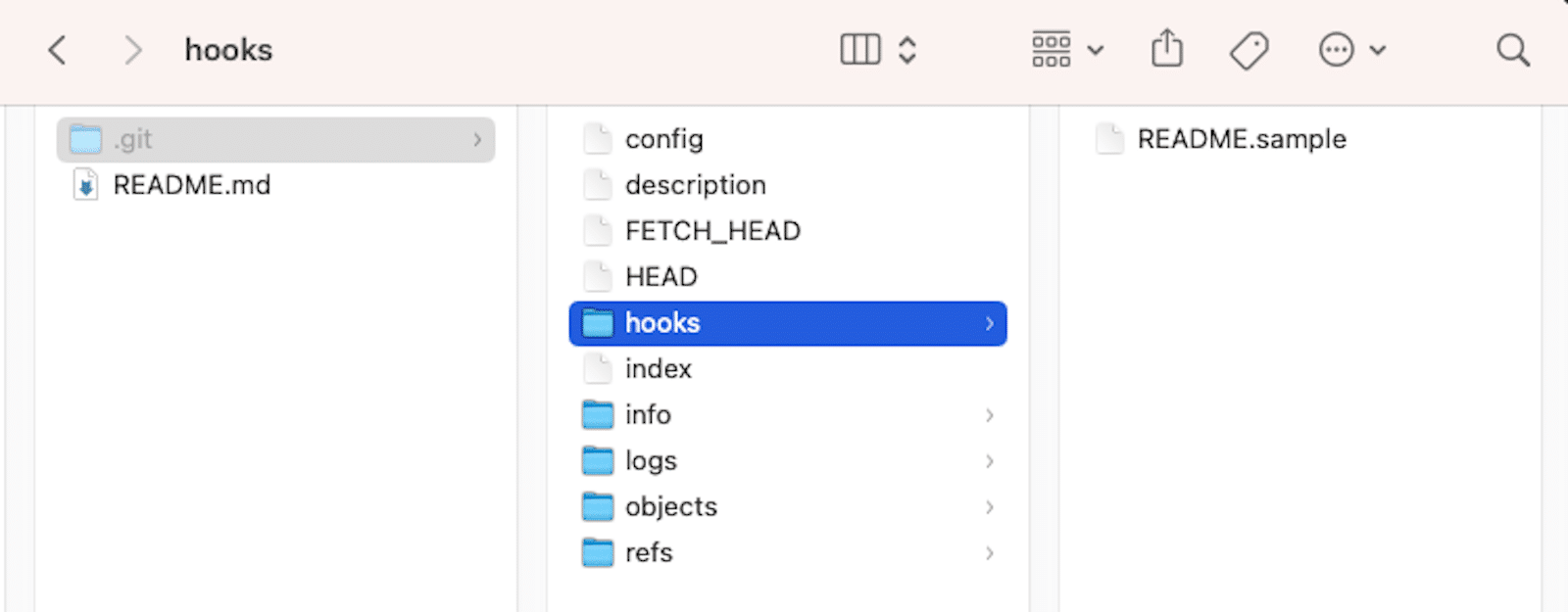 Finder window showing the path to the Git hooks directory within a repository's .git folder