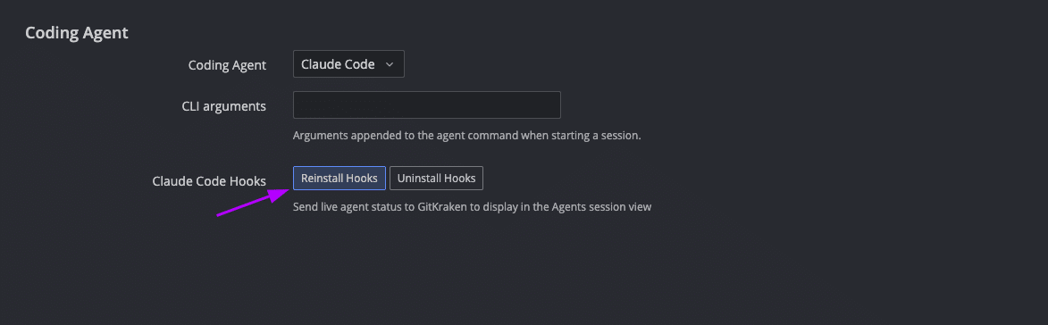 How to reinstall Claude Code agent status hooks in the GitKraken UI.
