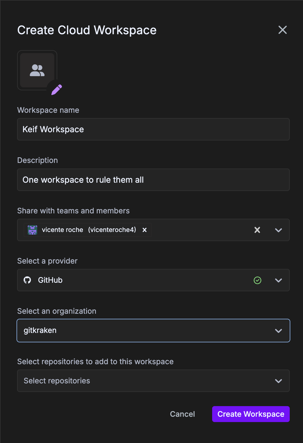 Create a new workspace modal