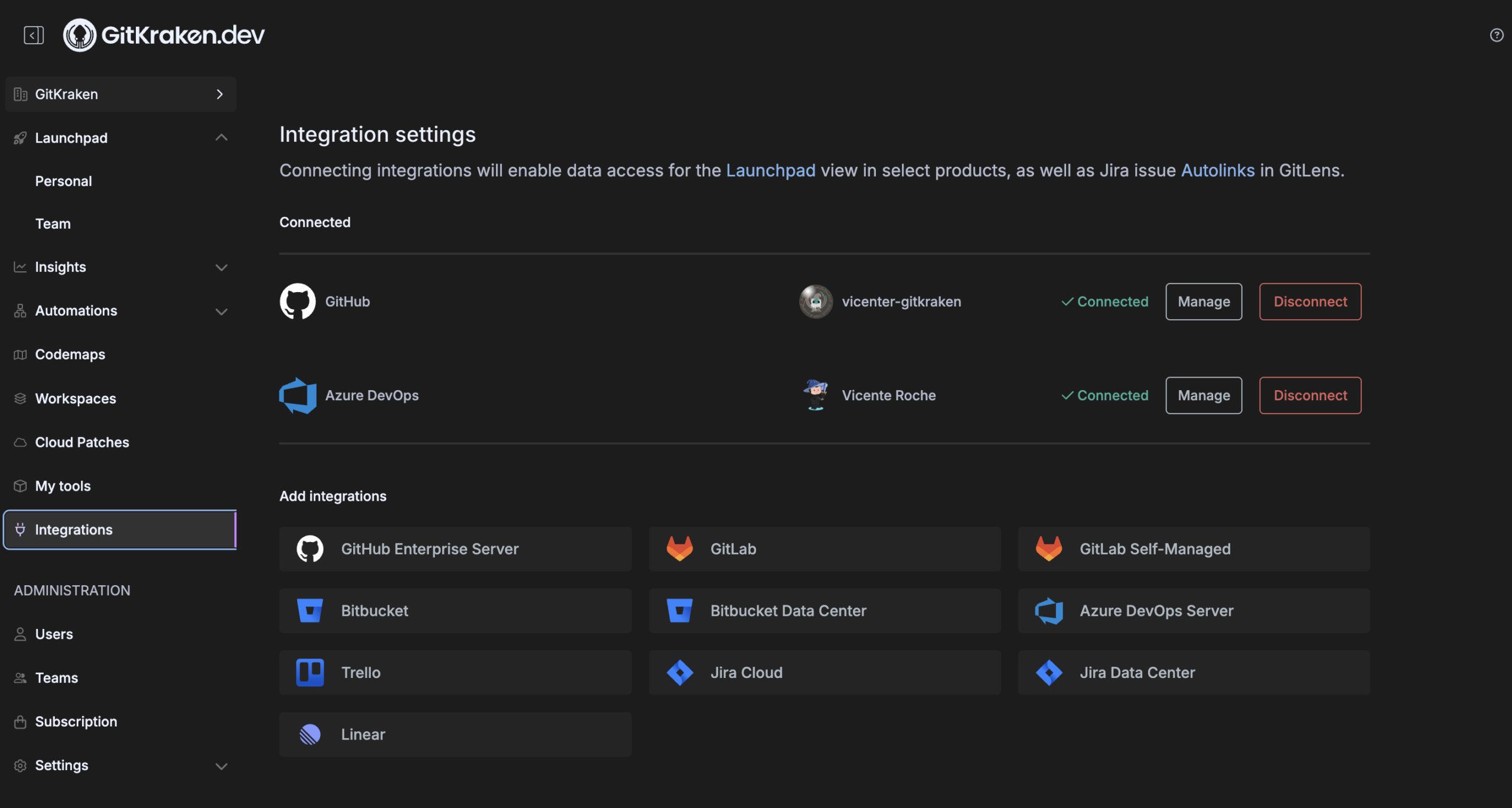 Connecting GitHub and GitLab integrations in GitKraken.dev