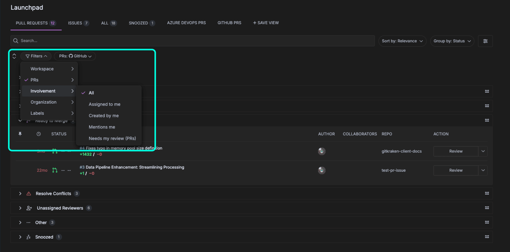 Launchpad filter options to refine visible items