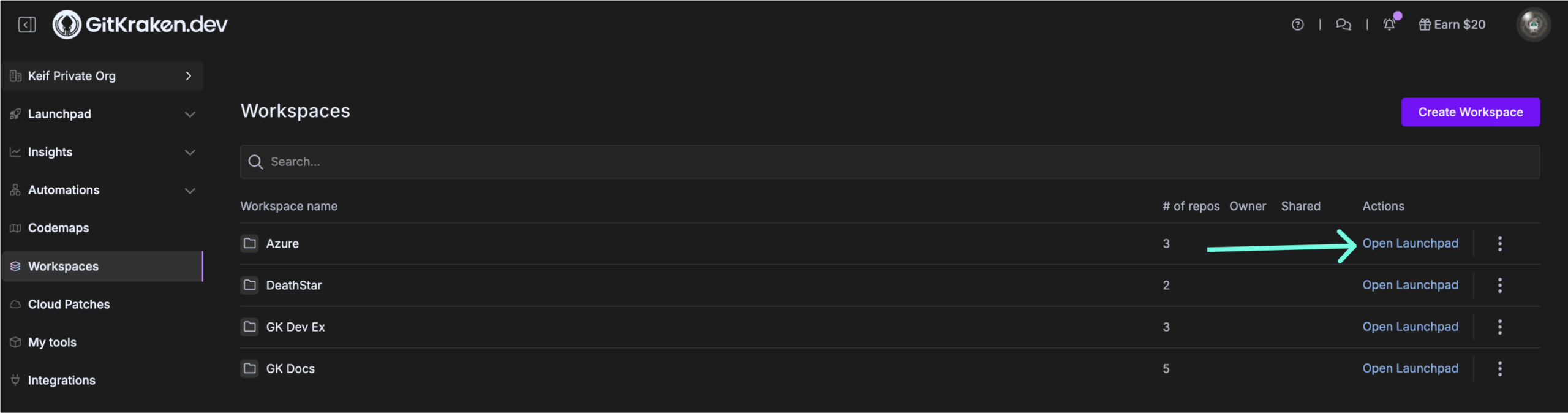 Open workspace to view associated repositories