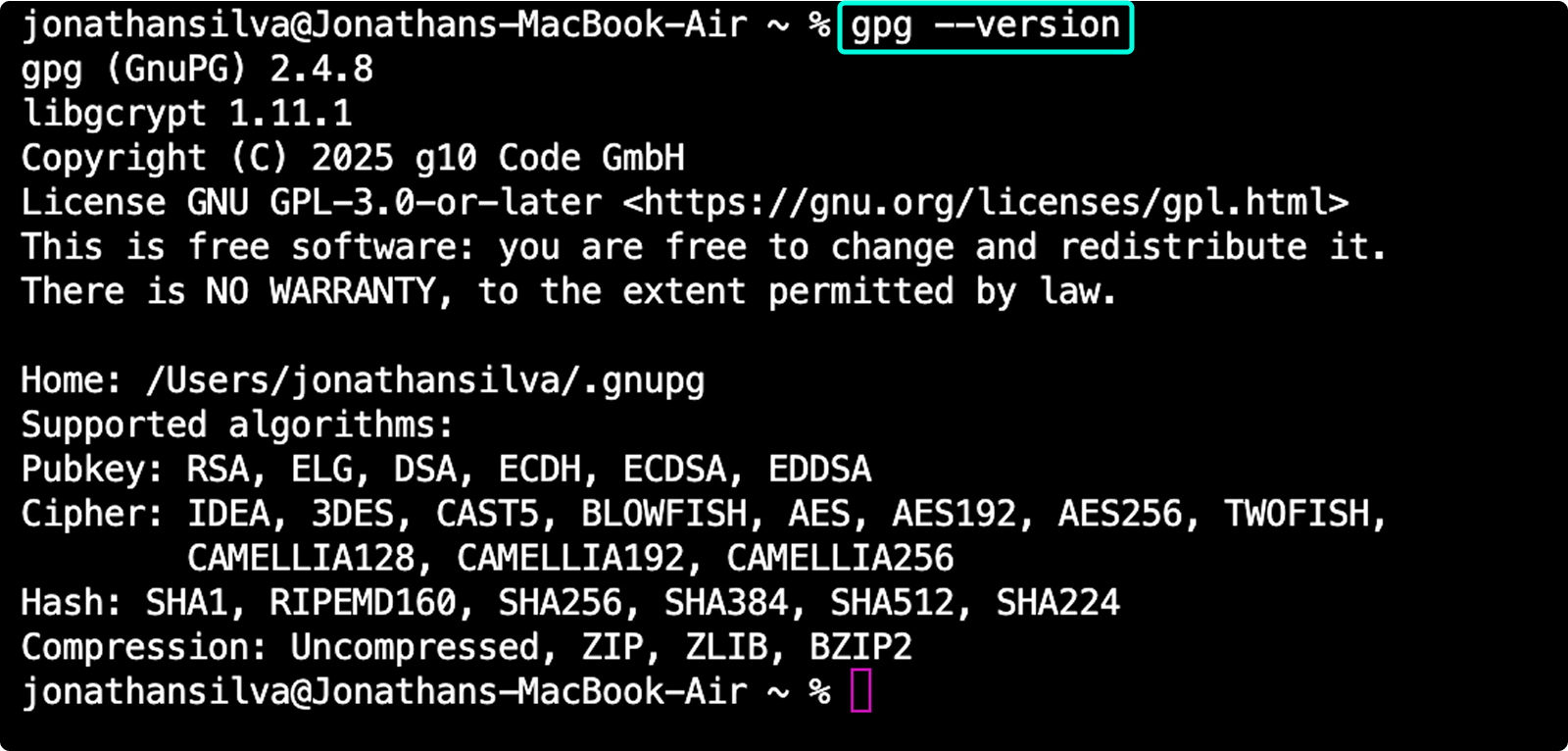 GPG version output