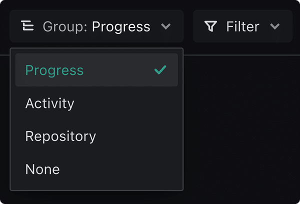 The Group dropdown open on Tasks in progress, showing Progress, Activity, Repository, and None