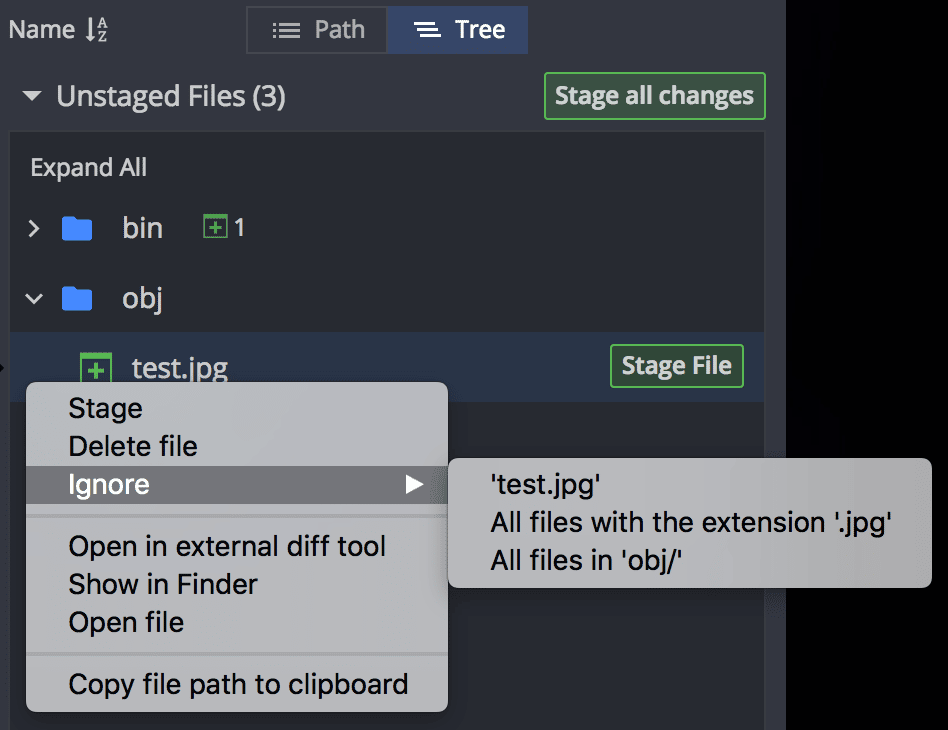 Context menu with Ignore options for a selected file in the Tree view