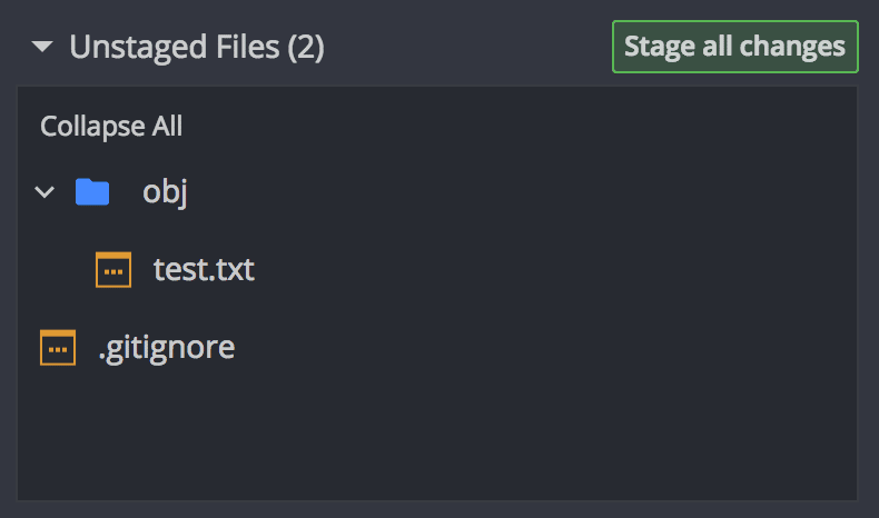 Untracked .gitignore and test.txt files displayed under the obj folder in the Unstaged Files section.