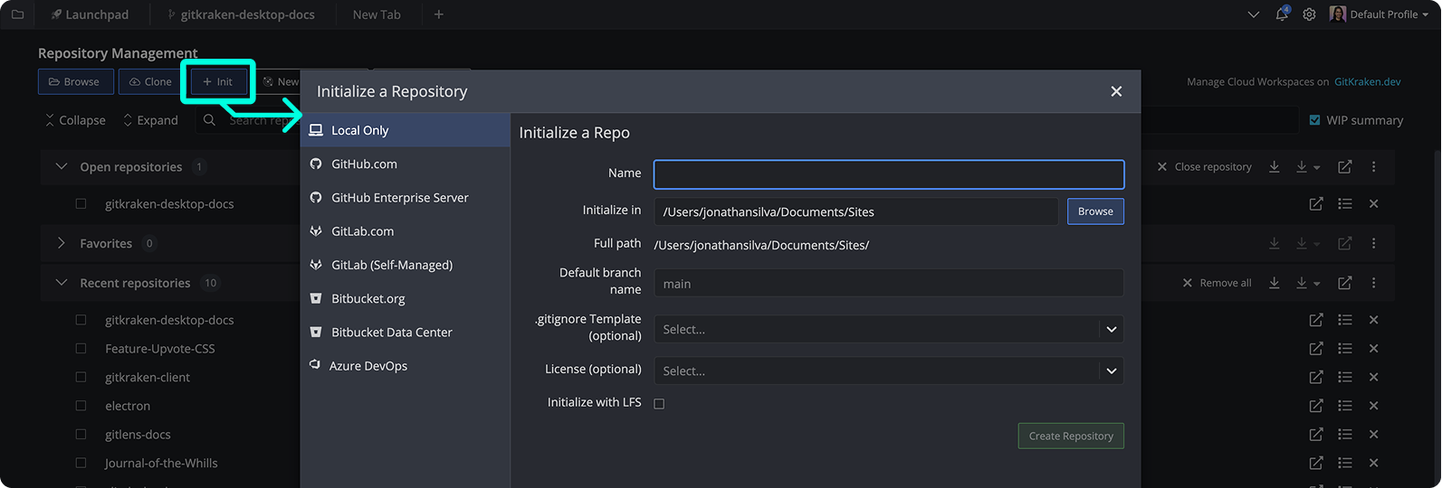 Initialize a Repository dialog in GitKraken Desktop showing local and remote provider options, with fields for repo name, location, and additional settings