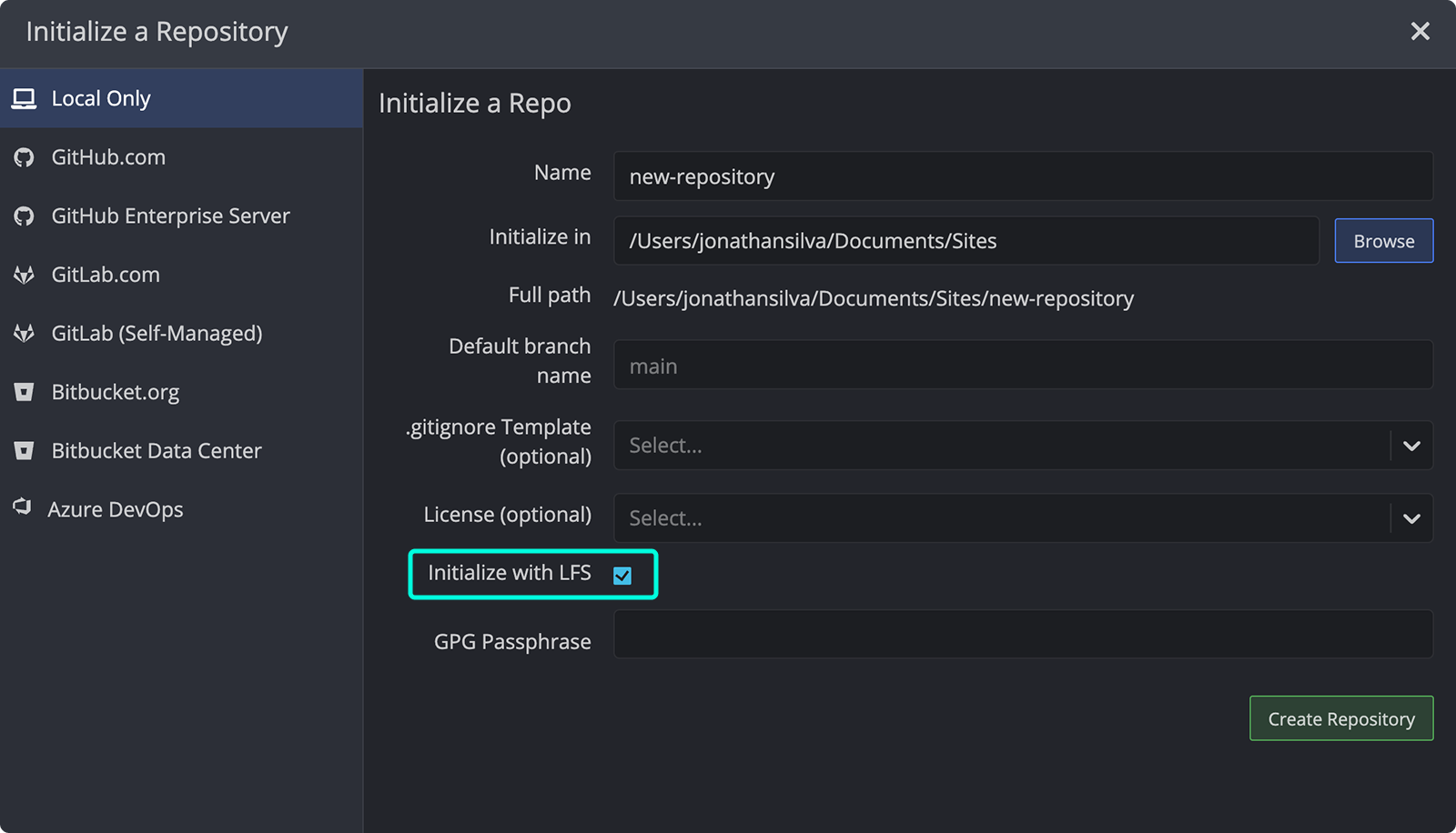 New repo dialog with LFS checkbox