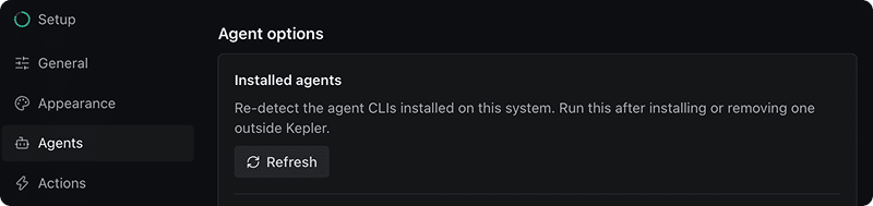 Settings → Agents → Agent options → Installed agents, with its Refresh button