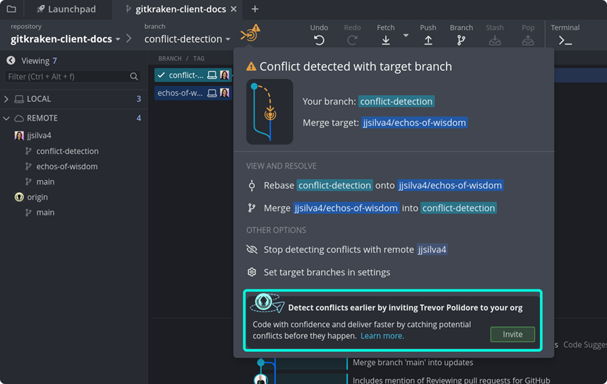 GitKraken conflict alert panel showing 'Detect conflicts earlier by inviting Trevor Polidore to your org' with an Invite button.