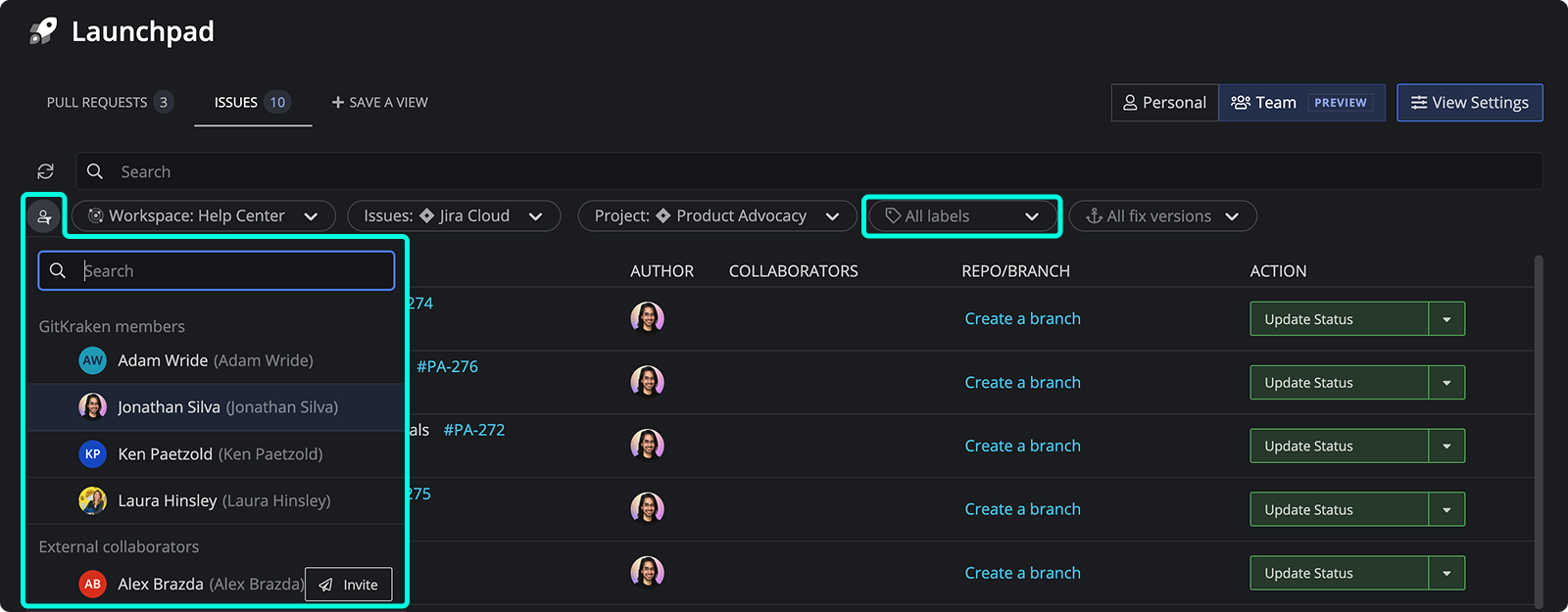 Launchpad Issues tab with filters for team member, workspace, issue source, project, labels, and fix versions, showing a list of issues and branch creation actions.