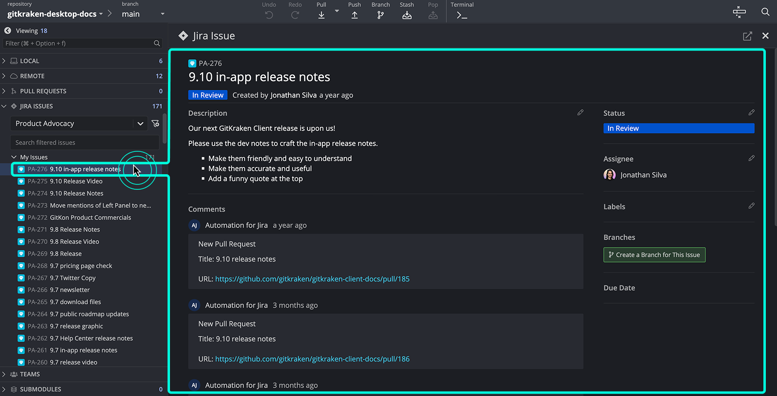 Jira issue detail view